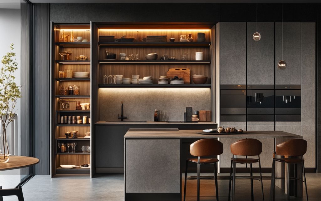 Bespoke pantry storage solutions with adjustable shelving and pull-out baskets