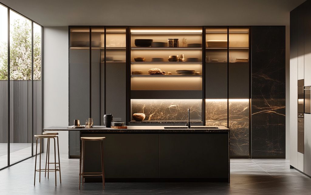 Bespoke small kitchen featuring refined storage solutions and sophisticated design elements