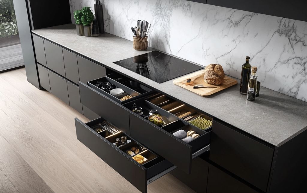 Drawer-based lower storage solutions with full-extension runners