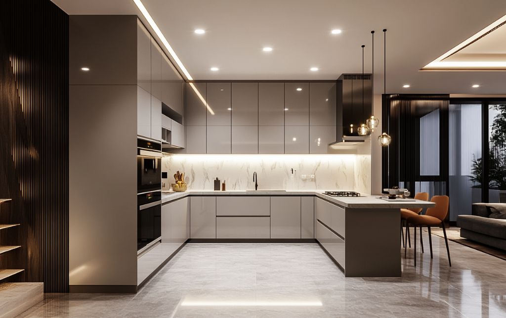 L-shaped kitchen layout demonstrating sophisticated space planning