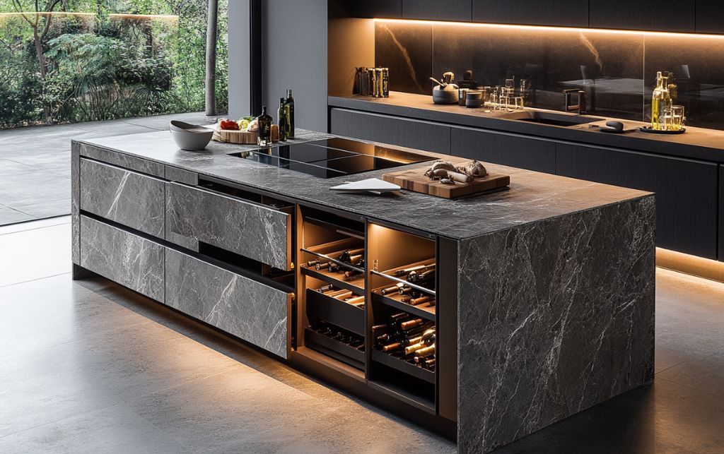 Multi-functional kitchen island serving as storage, prep area, and dining space