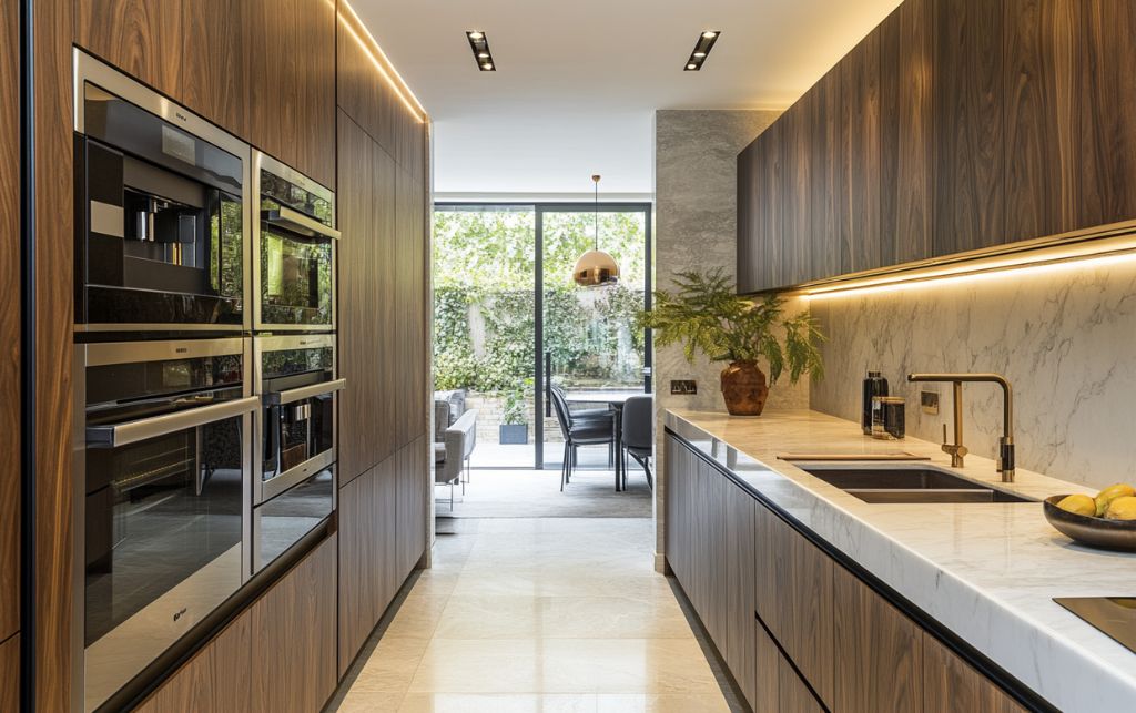Reimagined galley kitchen layout with sophisticated design details