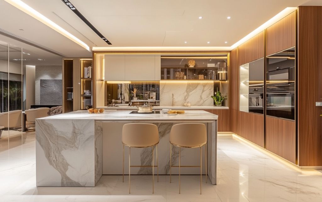 Peninsula kitchen configuration with integrated social spaces