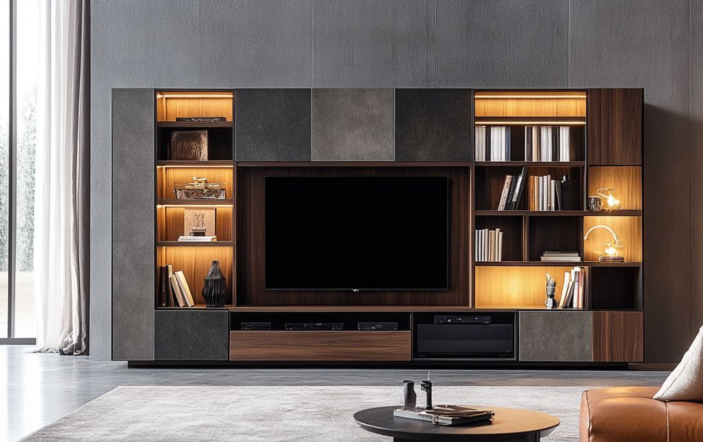 Integrated display and concealment solutions balancing open shelving with hidden storage