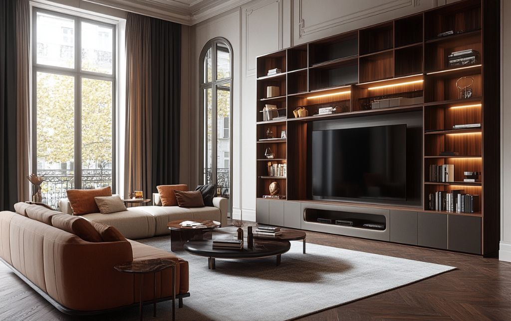 Visual weight through proportion and scale in luxury TV media storage units