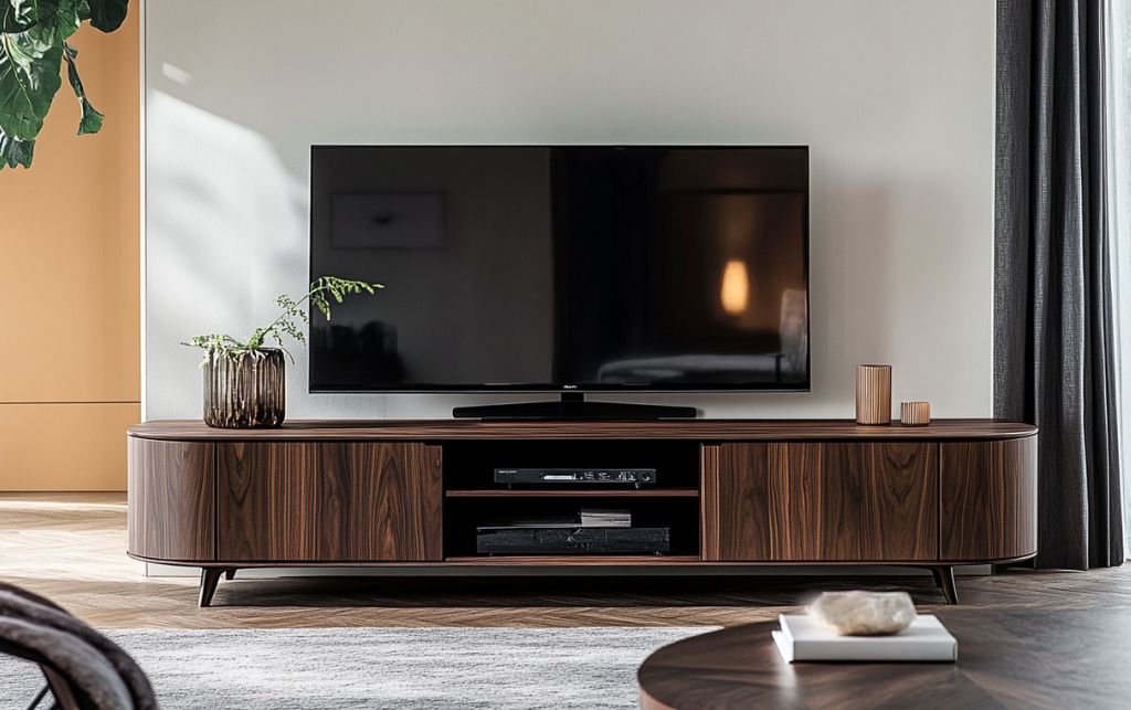 Fine hardwoods including American walnut and bleached oak in luxury media storage