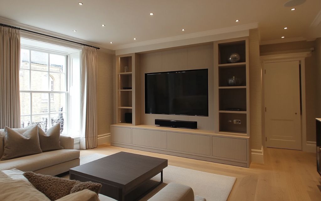 Installation considerations for seamless integration of bespoke TV media storage walls
