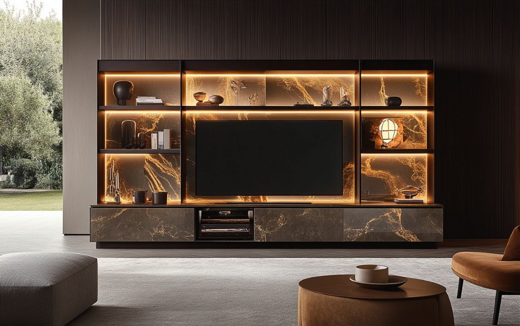 Lighting integration creating dramatic effect in luxury TV media storage units