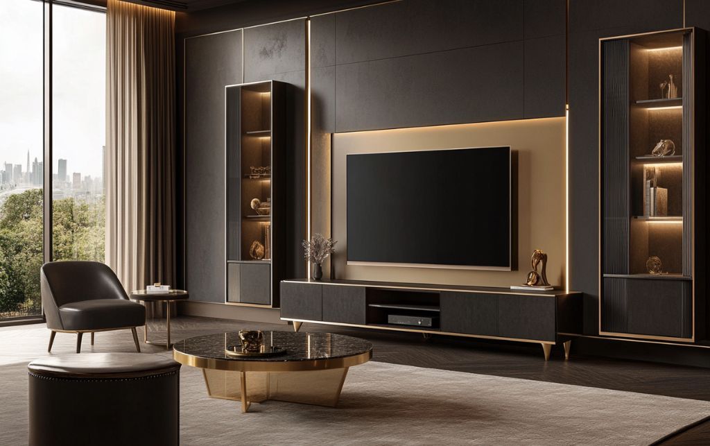 Metal accents including brushed brass and blackened steel in contemporary TV units