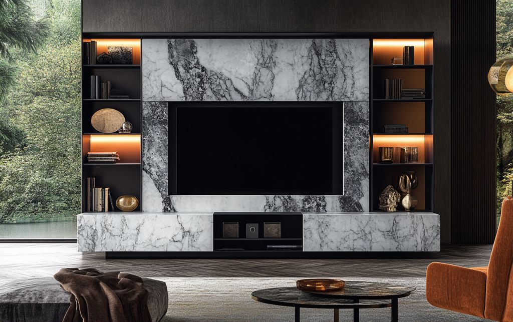 Natural stone including Carrara marble and Nero Marquina in TV media storage units