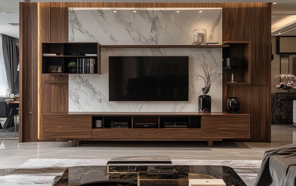 Timeless TV media storage unit with architectural presence featuring walnut and marble materials