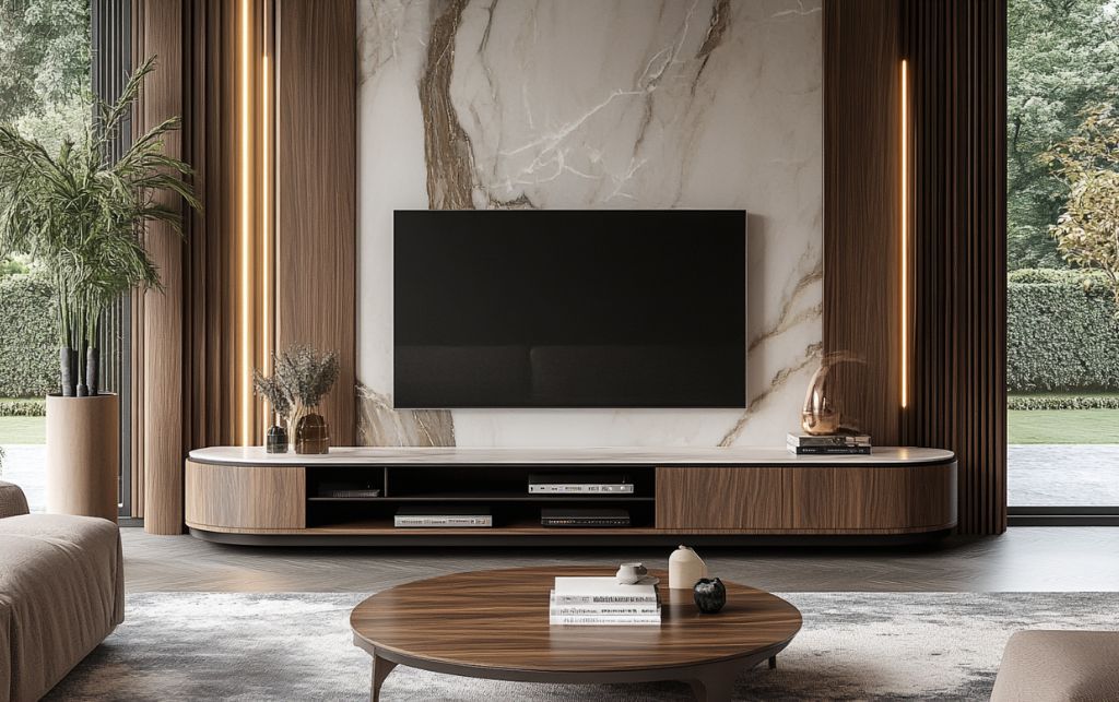 Luxury corner TV unit in completed interior design demonstrating seamless integration
