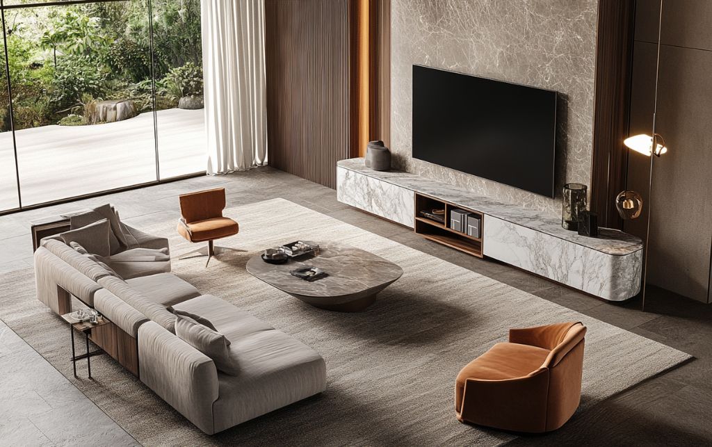 Corner TV unit for 55 inch TV showcasing marble and oak finishes in luxury setting