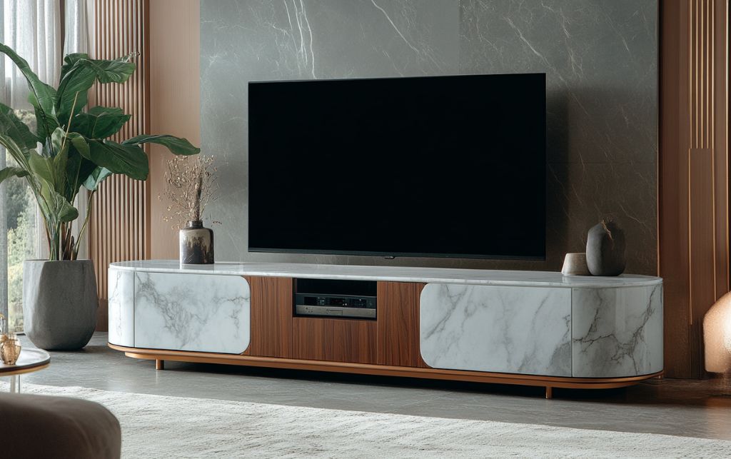 Marble and oak finish corner TV unit showcase displaying premium material combinations