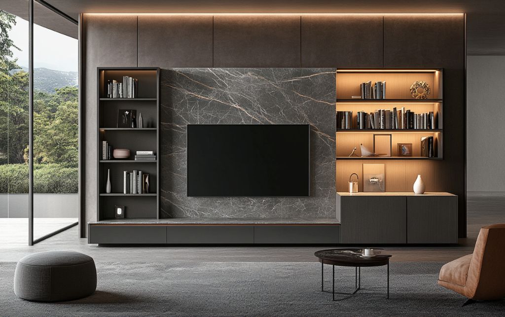 Modern corner TV unit design showcasing contemporary functionality and clean lines