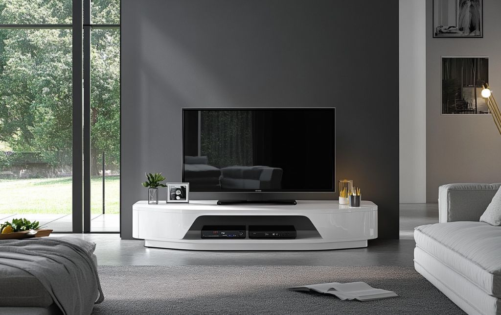 White corner TV unit in bright modern interior demonstrating light-reflective qualities