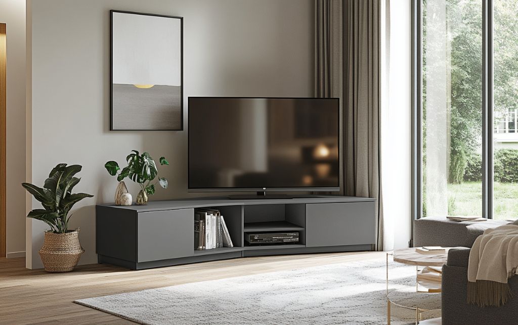 Grey corner TV unit in sophisticated living room providing neutral anchor point