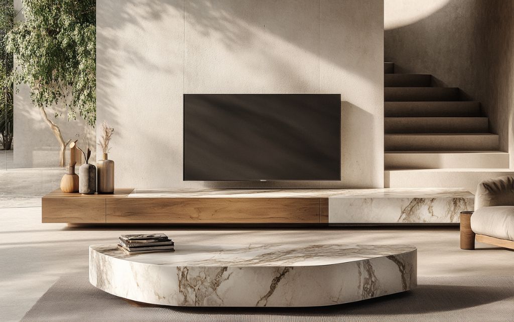 Corner TV unit for 55 inch TV demonstrating optimal diagonal placement in modern living space