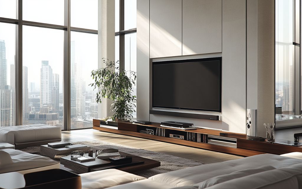 Seamlessly integrated TV unit in luxury living room with architectural harmony