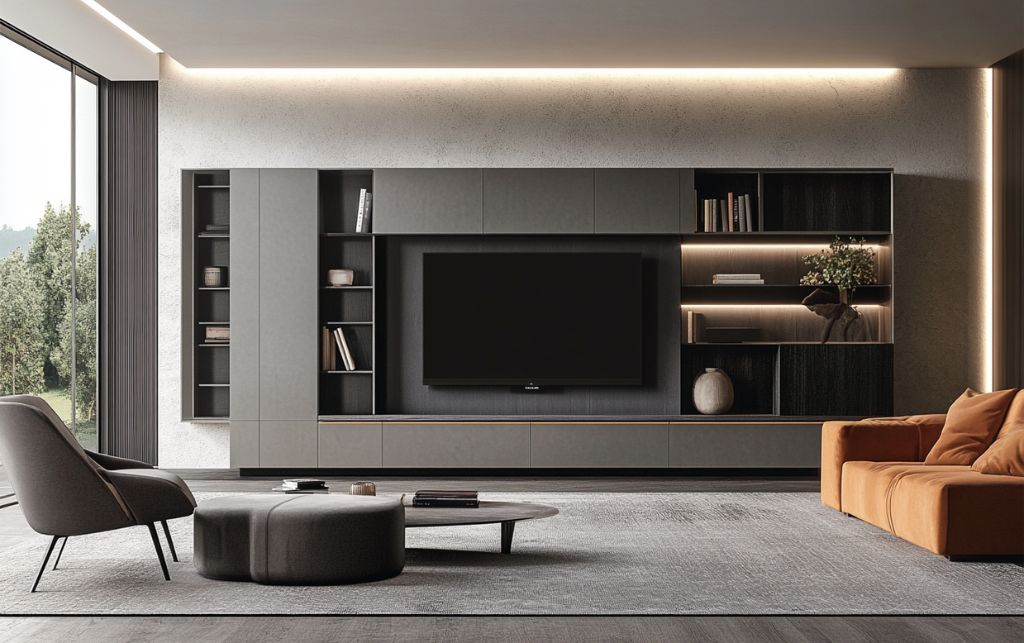 Elegant TV unit with hidden technology integration and invisible cable management