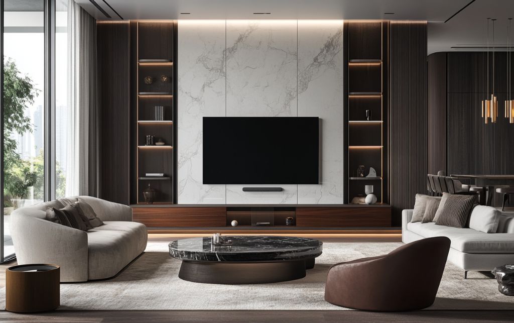 Georgian drawing room with integrated multimedia TV unit showing timeless elegance