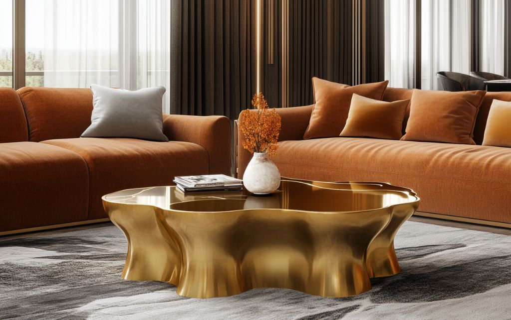 Sophisticated contemporary luxury interior featuring gold metal coffee table as focal point