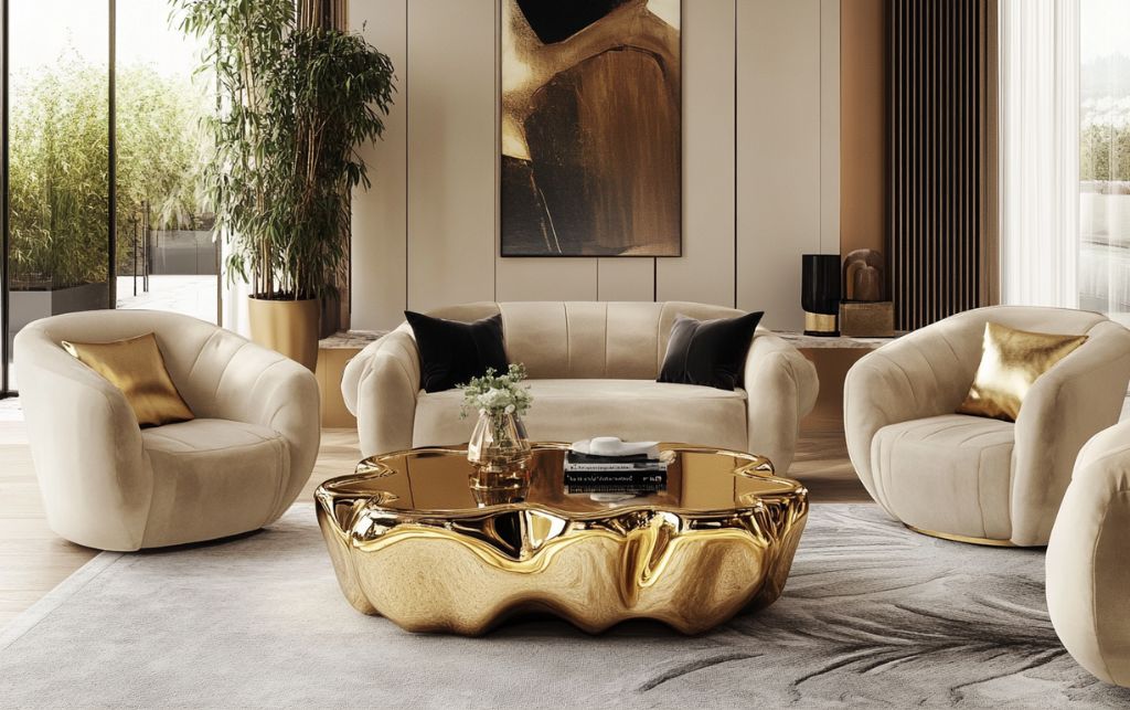 Contemporary gold metal coffee tables featuring sculptural designs in luxury London interiors