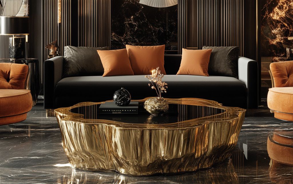 Luxurious living space beautifully transformed with statement gold metal coffee table as centrepiece