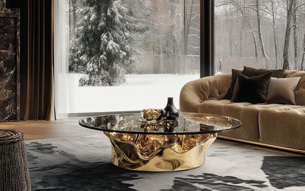 Luxurious glass and gold coffee table collection showcasing European craftsmanship in elegant London interior