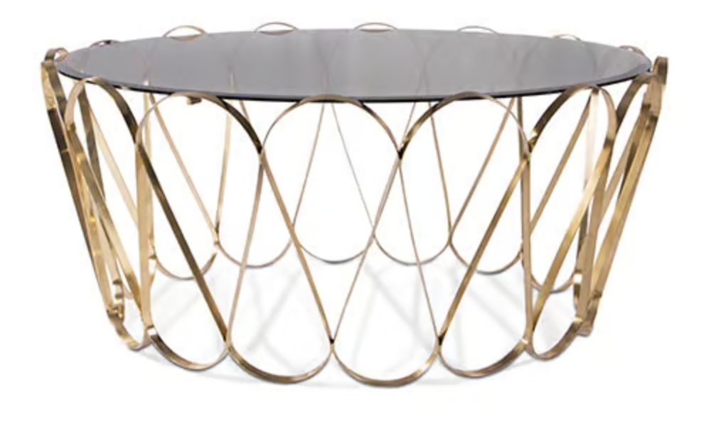 Aquarius Coffee Table by Brabbu with nature-inspired gold polished stainless steel base suggesting fluid strength and smoked glass top