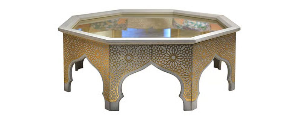 Medina Coffee Table by Collection Alexandra inspired by Islamic architecture with octagonal form, horseshoe arches and geometric gold leather patterns