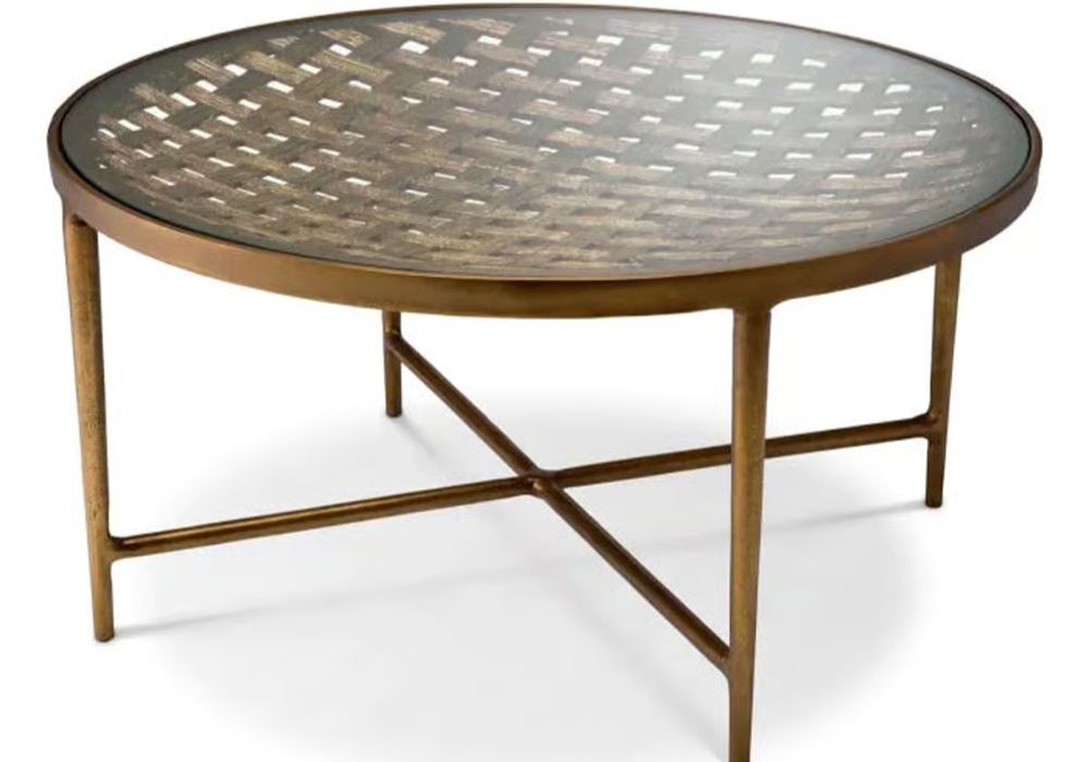 Sorrento Coffee Table by Eichholtz with bowl-shaped woven pattern base in vintage brass and pristine glass top