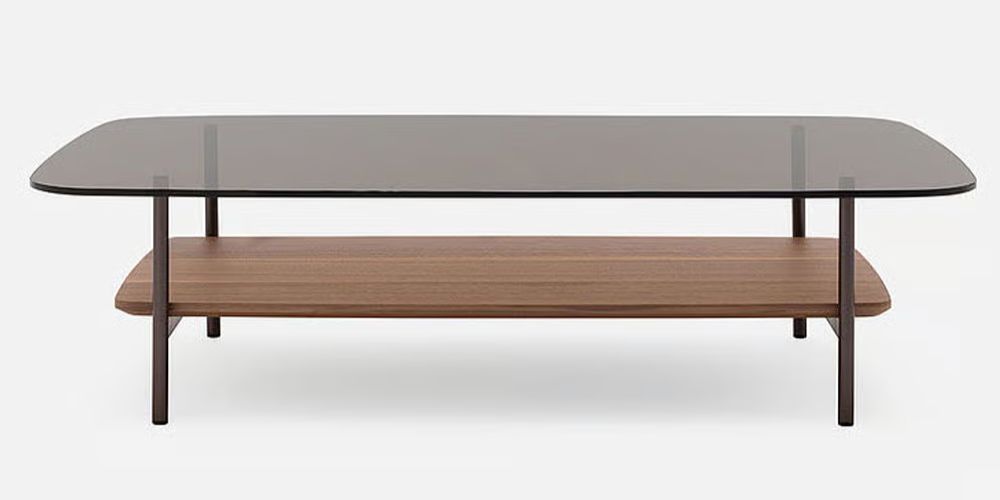 8870 Coffee Table by Rolf Benz with Parsol glass top and steel frame with veneer shelf