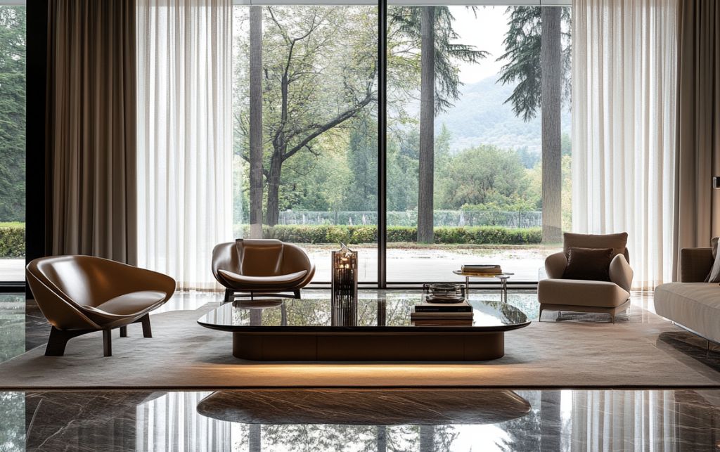 Elegant living room showcasing proper coffee table selection with glass and wood design