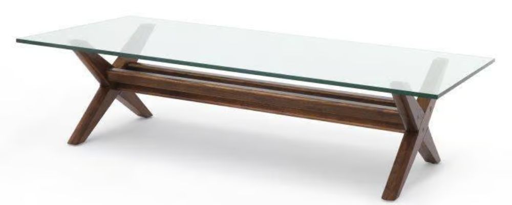 Maynor Coffee Table by Eichholtz with X-shaped wooden legs and glass top