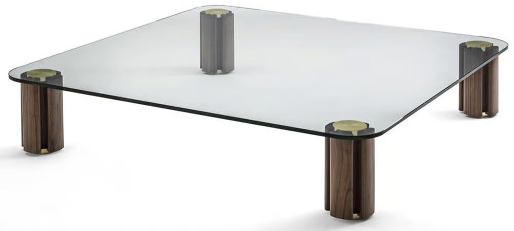Quadrifoglio Coffee Table by Porada with four-leaf clover inspired wooden legs in ash or walnut and clear glass top