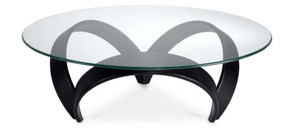 Soquel Coffee Table by Eichholtz with black lacquered arched wooden base and glass top