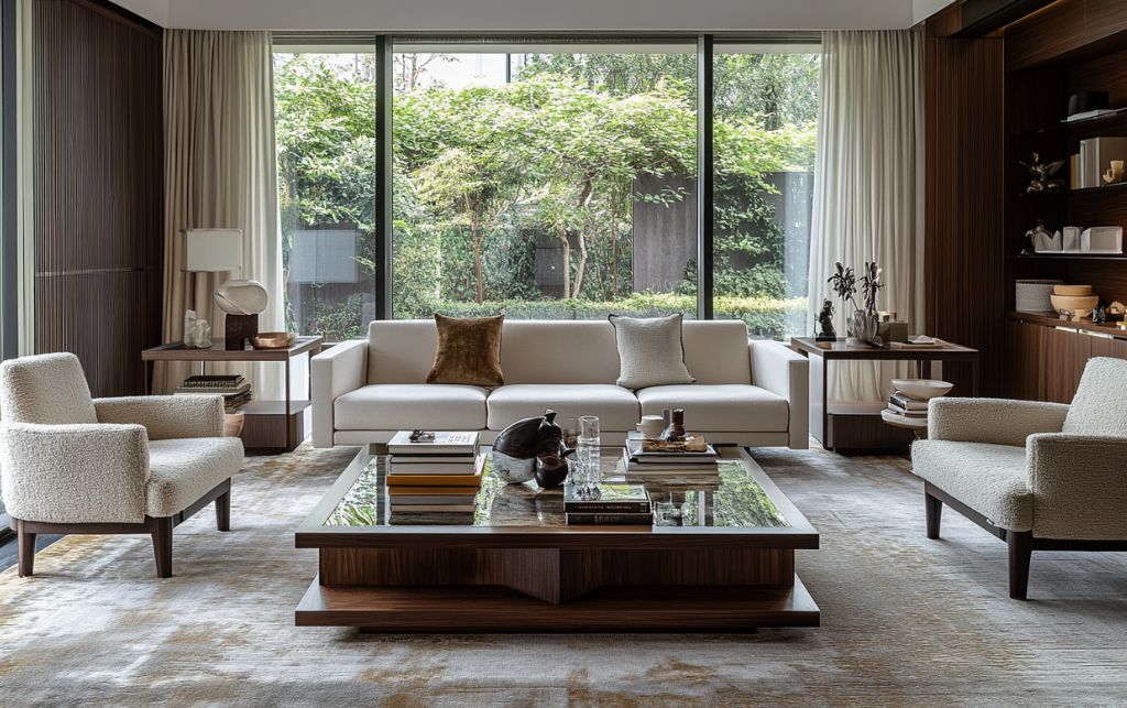 Sophisticated living space featuring investment-quality glass and wood coffee table as focal point