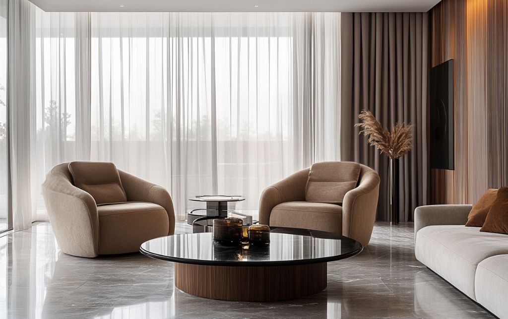 Luxury glass and wood coffee table in elegant living room with designer furniture