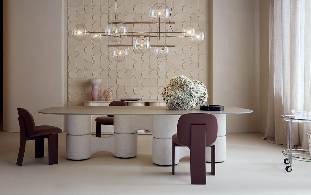 Ethereal collection luxury dining space showcasing minimalist Italian furniture design with natural light
