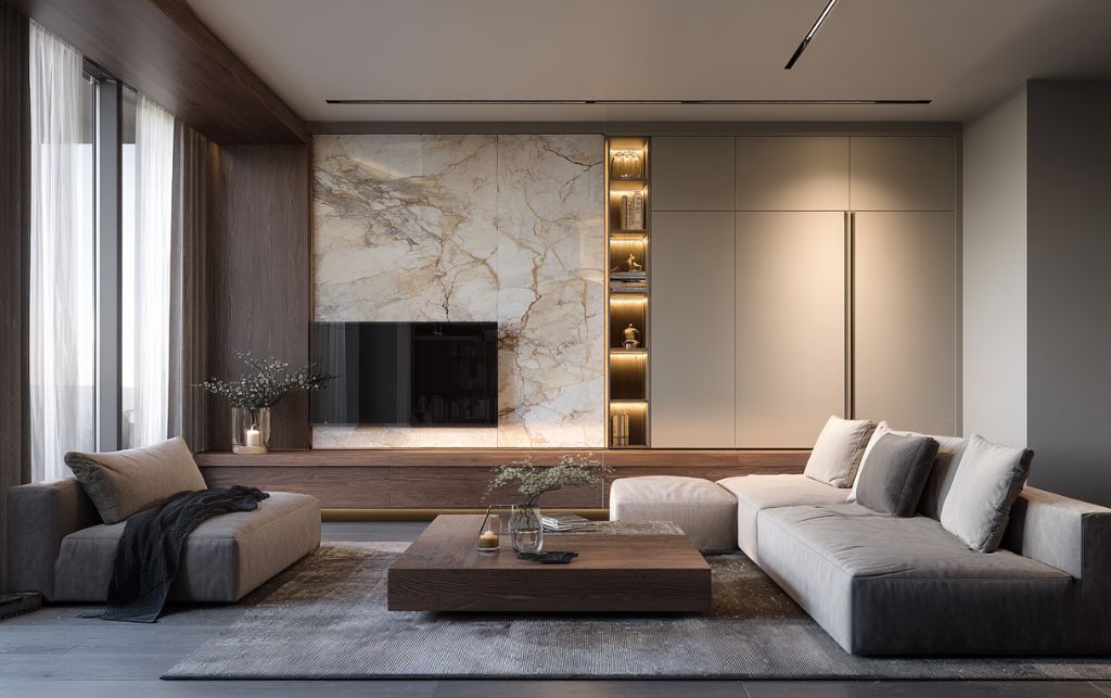 Luxury living room layout demonstrating improved traffic flow around corner TV cabinet