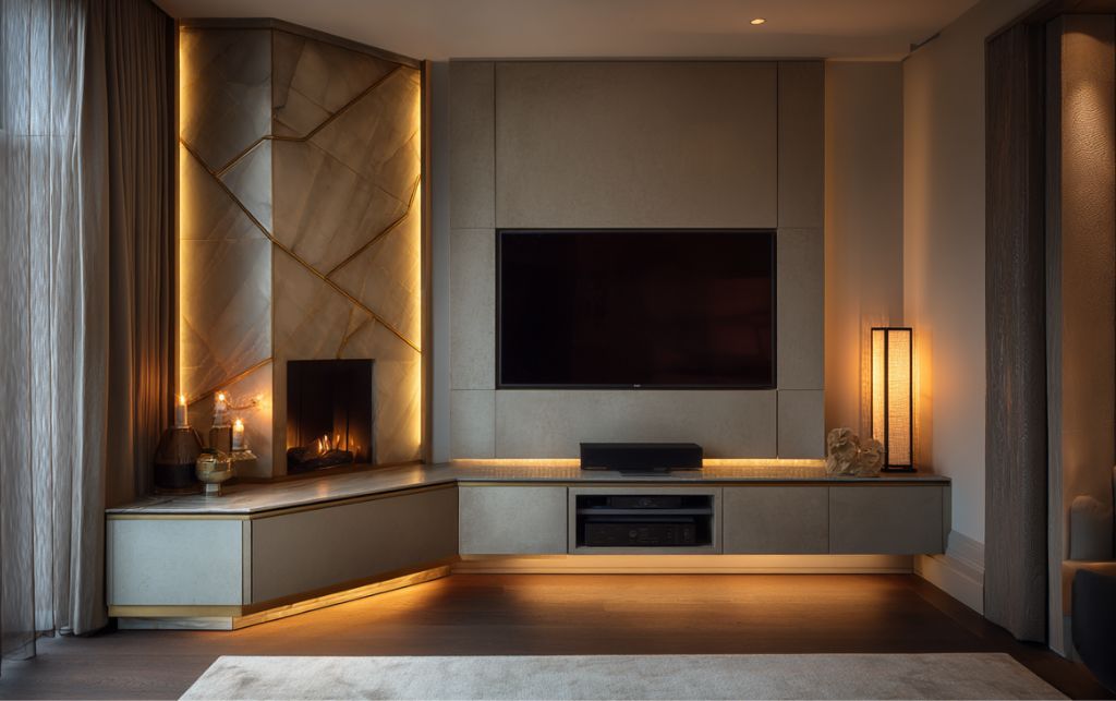Bespoke corner TV cabinet showcasing custom features and luxury finishes