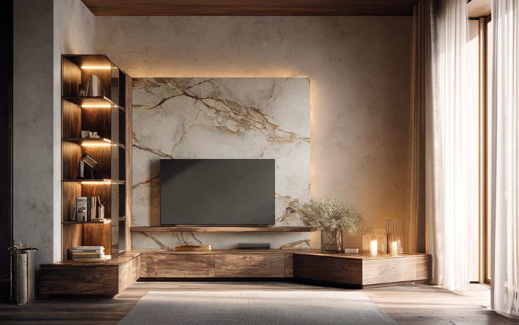 Luxury corner TV cabinet transforming awkward living room space with elegant design