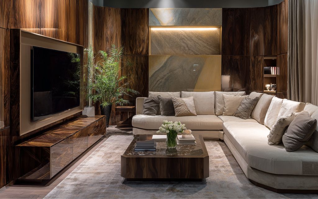 Corner TV cabinet displaying various luxury materials and premium finishes