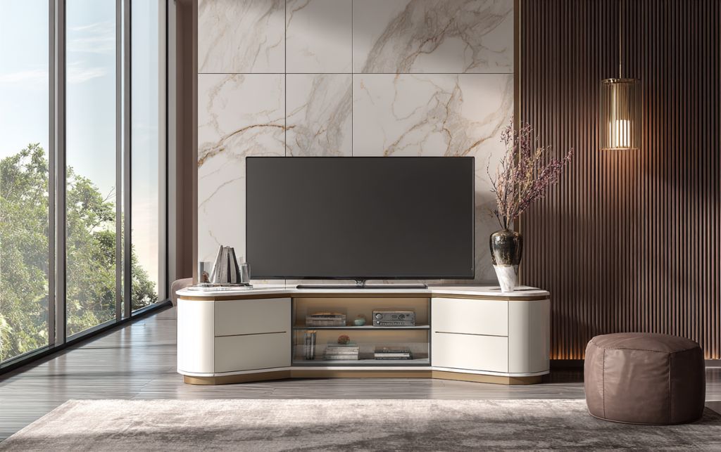 Corner TV cabinet maximising storage capacity whilst maintaining uncluttered elegance