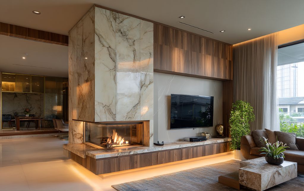 Corner TV cabinet defining entertainment zone within open-plan luxury living space