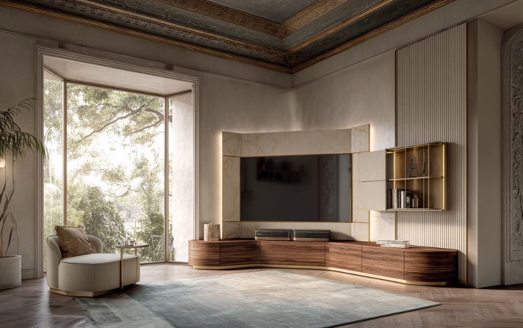 Corner TV cabinet seamlessly integrated with existing room architecture and design features