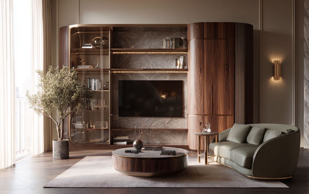 Corner TV cabinet establishing visual balance and compositional harmony in living room