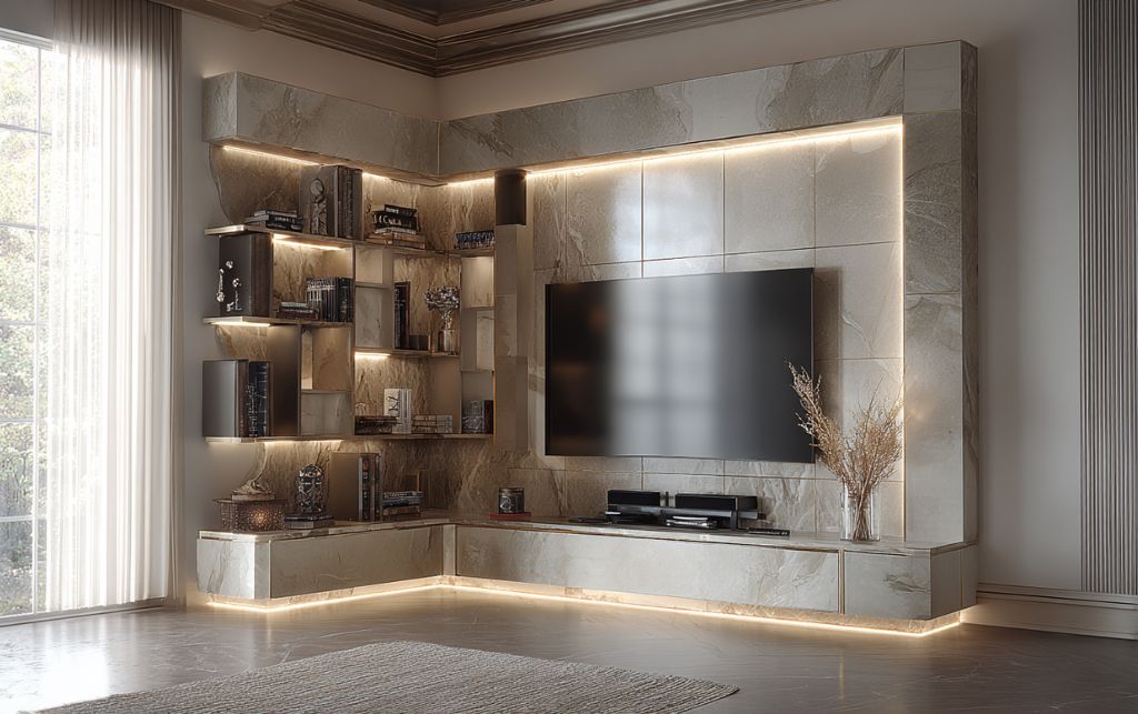 Corner TV cabinet featuring concealed cable management system and connectivity solutions