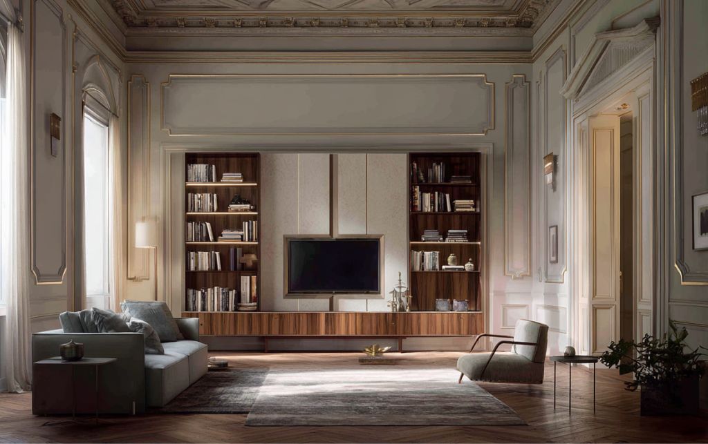 Classic luxury wall storage system with integrated TV unit and timeless design